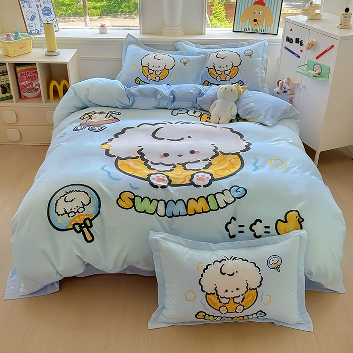 91家纺网 家纺一手货源 找家纺 浩诚 2025新款原创专版设计亲肤全棉纯棉印花四件套--有作品登记证书 泳圈小狗