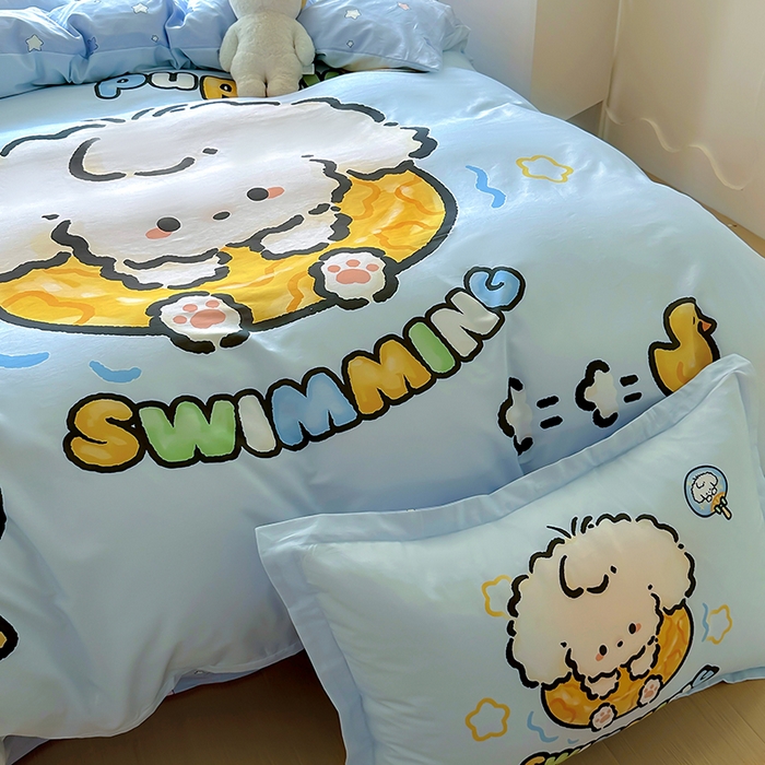 91家纺网 家纺一手货源 找家纺 浩诚 2025新款原创专版设计亲肤全棉纯棉印花四件套--有作品登记证书 泳圈小狗