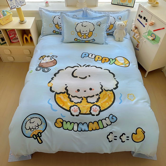 91家纺网 家纺一手货源 找家纺 浩诚 2025新款原创专版设计亲肤全棉纯棉印花四件套--有作品登记证书 泳圈小狗