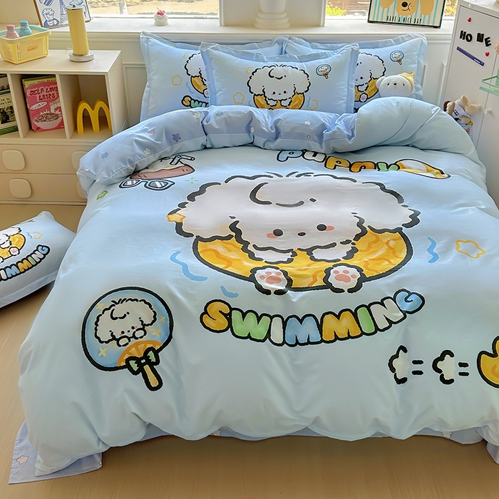 91家纺网 家纺一手货源 找家纺 浩诚 2025新款原创专版设计亲肤全棉纯棉印花四件套--有作品登记证书 泳圈小狗