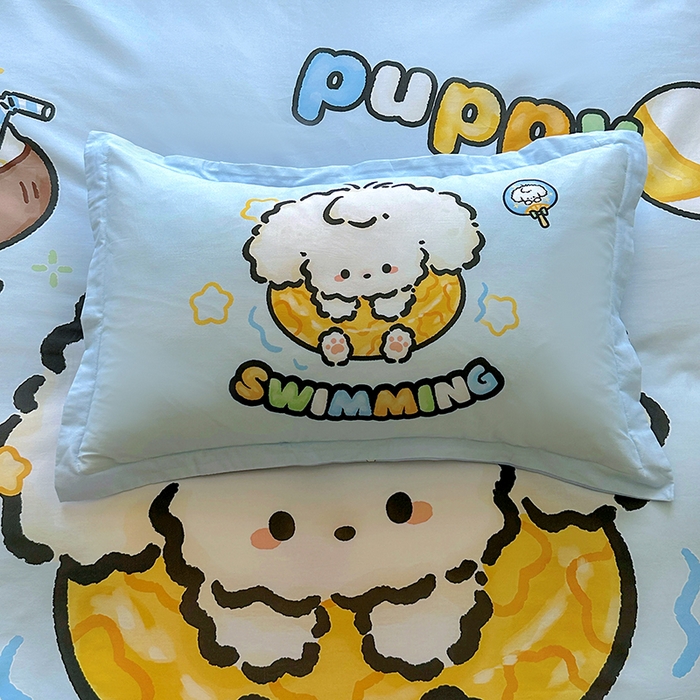 91家纺网 家纺一手货源 找家纺 浩诚 2025新款原创专版设计亲肤全棉纯棉印花四件套--有作品登记证书 泳圈小狗