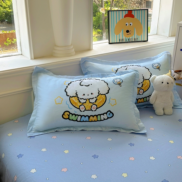 91家纺网 家纺一手货源 找家纺 浩诚 2025新款原创专版设计亲肤全棉纯棉印花四件套--有作品登记证书 泳圈小狗