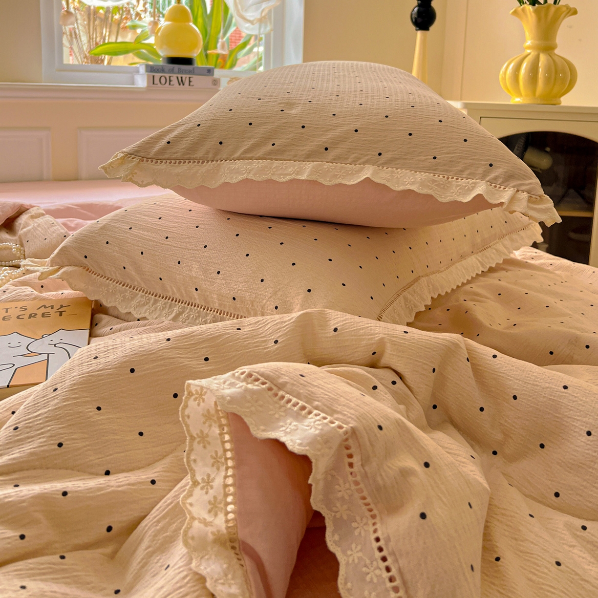 91家纺网 家纺一手货源 找家纺 繁花家居 2025新款云感棉镂空花边夏被四件套 漏空花边-初恋