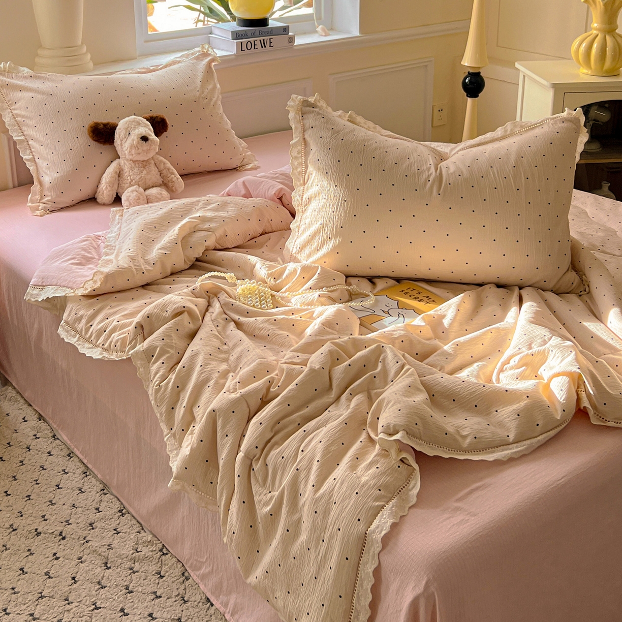 91家纺网 家纺一手货源 找家纺 繁花家居 2025新款云感棉镂空花边夏被四件套 漏空花边-初恋