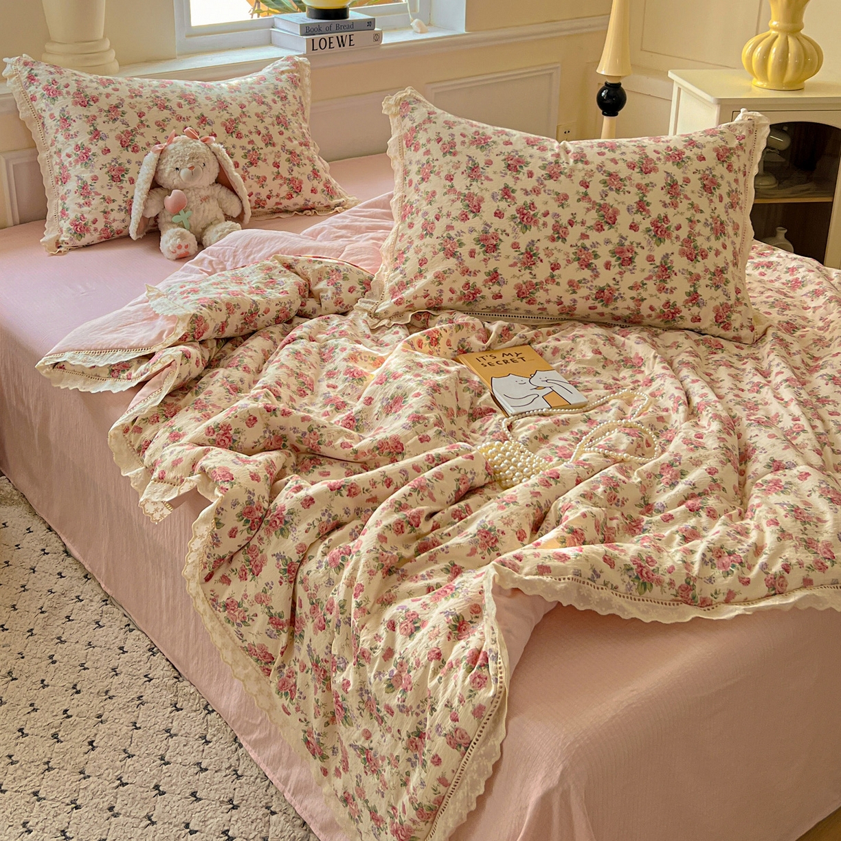 91家纺网 家纺一手货源 找家纺 繁花家居 2025新款云感棉镂空花边夏被四件套 镂空花边-星眠云野