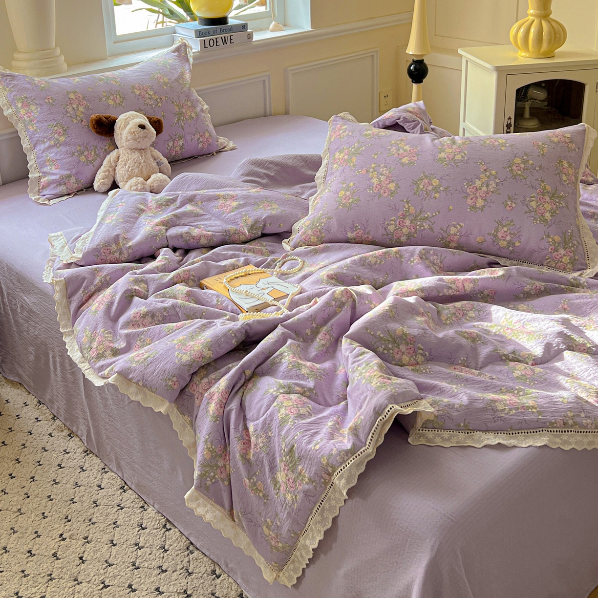 91家纺网 家纺一手货源 找家纺 繁花家居 2025新款云感棉镂空花边夏被四件套 镂空花边-凝夜