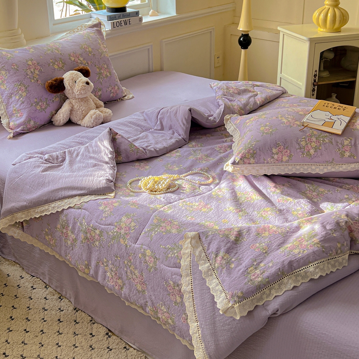 91家纺网 家纺一手货源 找家纺 繁花家居 2025新款云感棉镂空花边夏被四件套 镂空花边-凝夜