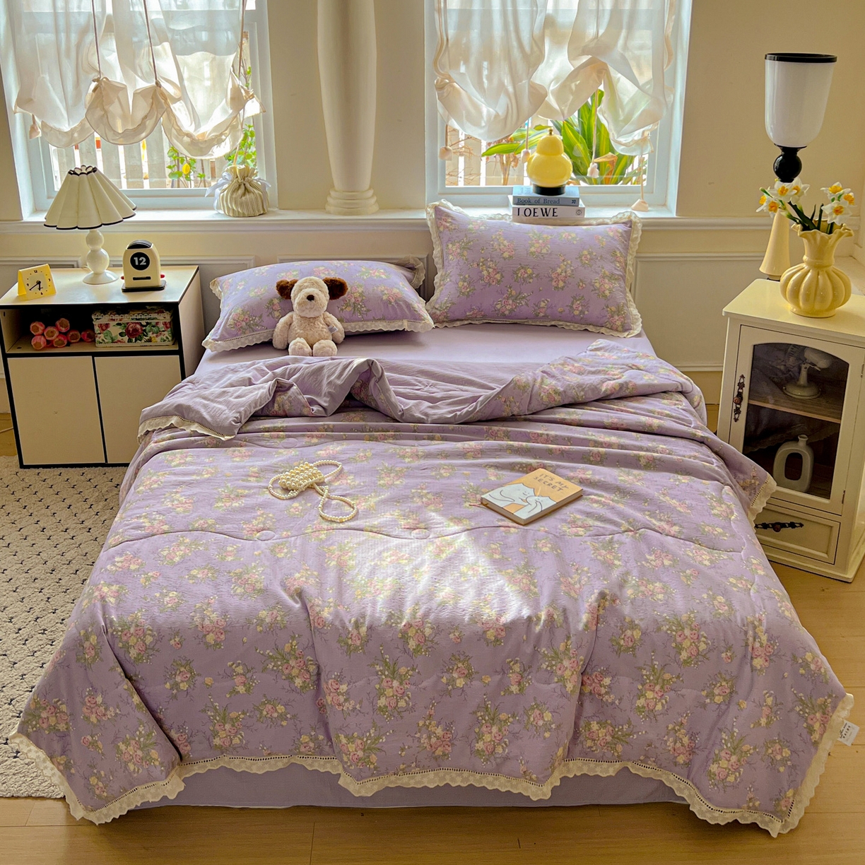 91家纺网 家纺一手货源 找家纺 繁花家居 2025新款云感棉镂空花边夏被四件套 镂空花边-凝夜