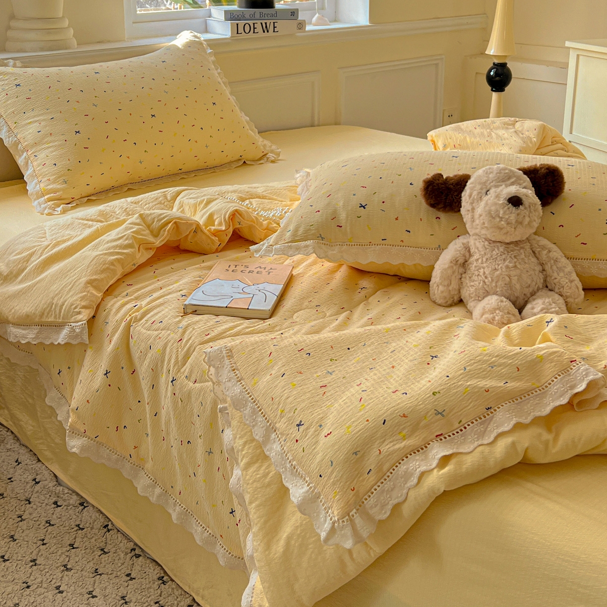 91家纺网 家纺一手货源 找家纺 繁花家居 2025新款云感棉镂空花边夏被四件套 镂空花边-奶酪碎