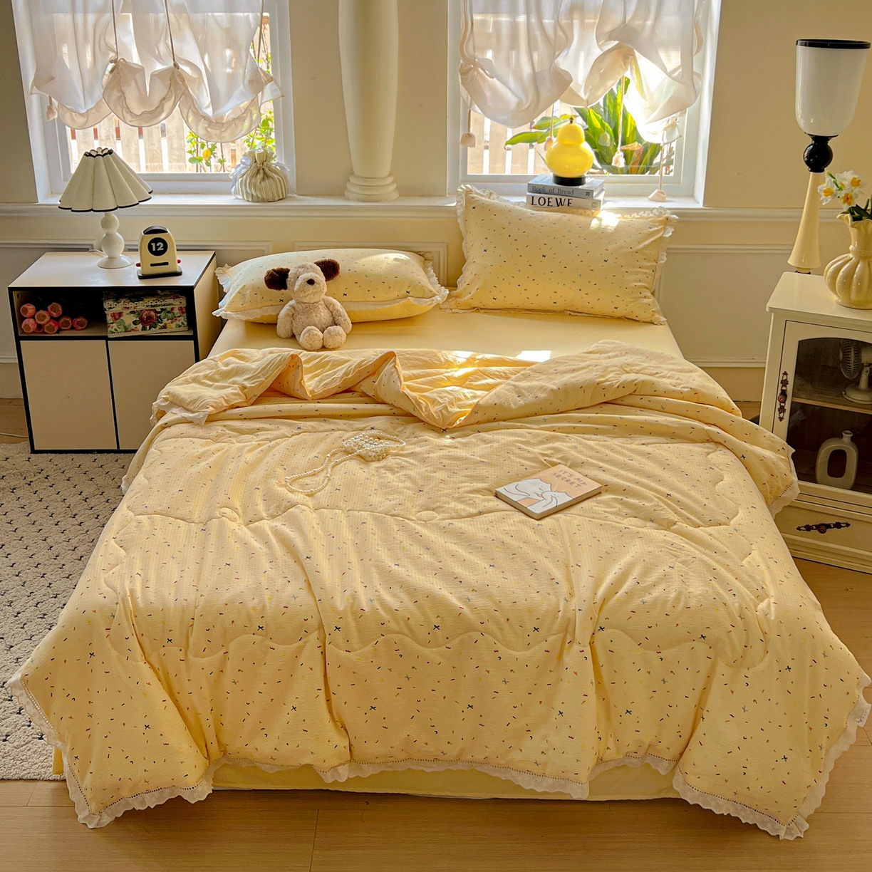 91家纺网 家纺一手货源 找家纺 繁花家居 2025新款云感棉镂空花边夏被四件套 镂空花边-奶酪碎