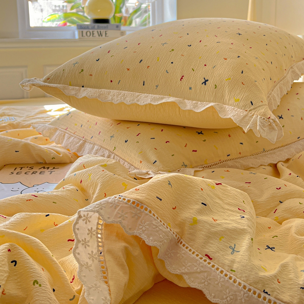 91家纺网 家纺一手货源 找家纺 繁花家居 2025新款云感棉镂空花边夏被四件套 镂空花边-奶酪碎