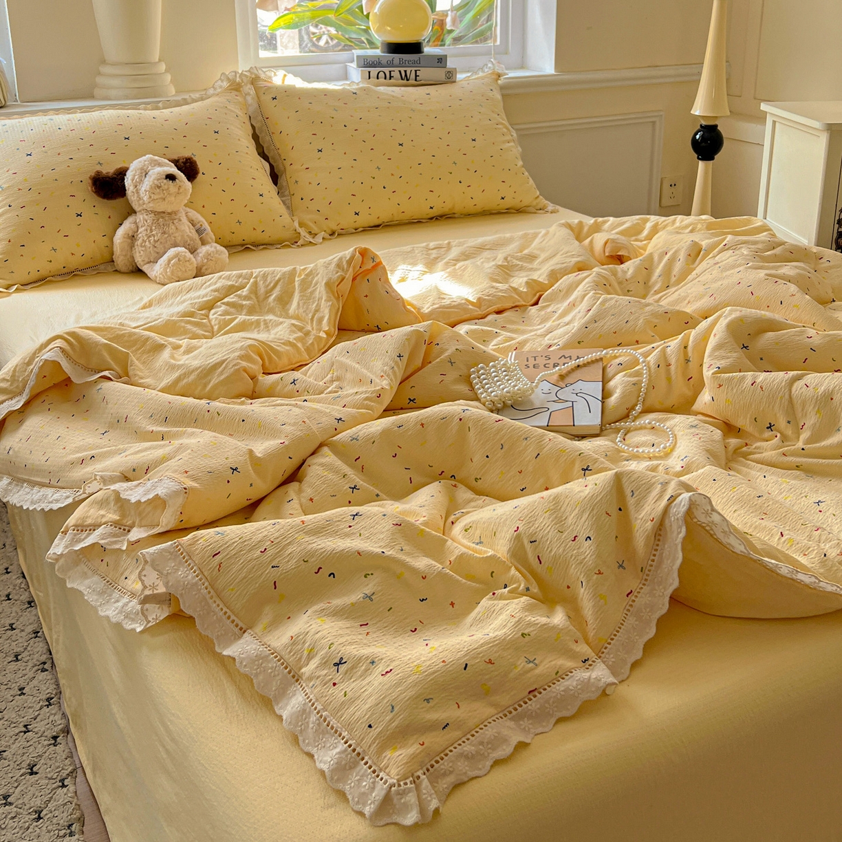 91家纺网 家纺一手货源 找家纺 繁花家居 2025新款云感棉镂空花边夏被四件套 镂空花边-奶酪碎