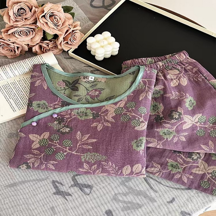 91家纺网 家纺一手货源 找家纺 洛兰沙家居馆【只代发】【只代发】 2025新款国风睡衣女春夏秋新中式薄款竹纤维居家服宽松外穿长袖家居服厂家 深紫