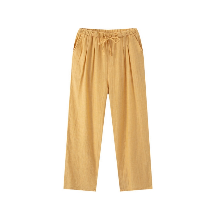 良品汇馆 2025【女士双层纱睡裤】日式无印女士双层纱睡裤良品全棉家居服睡衣裤纯色格纹休闲单长裤 黄色纯色