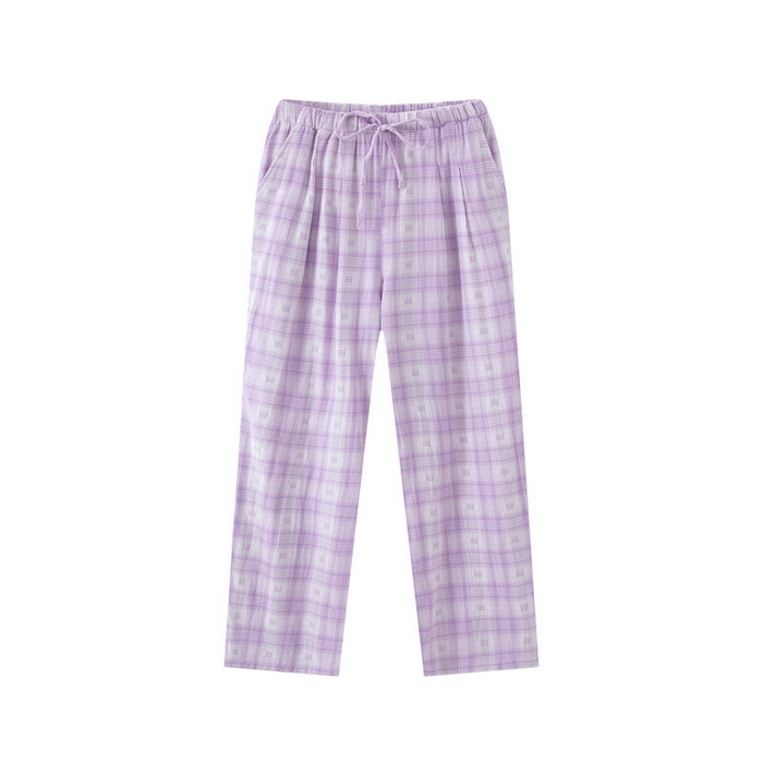 良品汇馆 2025【女士双层纱睡裤】日式无印女士双层纱睡裤良品全棉家居服睡衣裤纯色格纹休闲单长裤 紫色格子