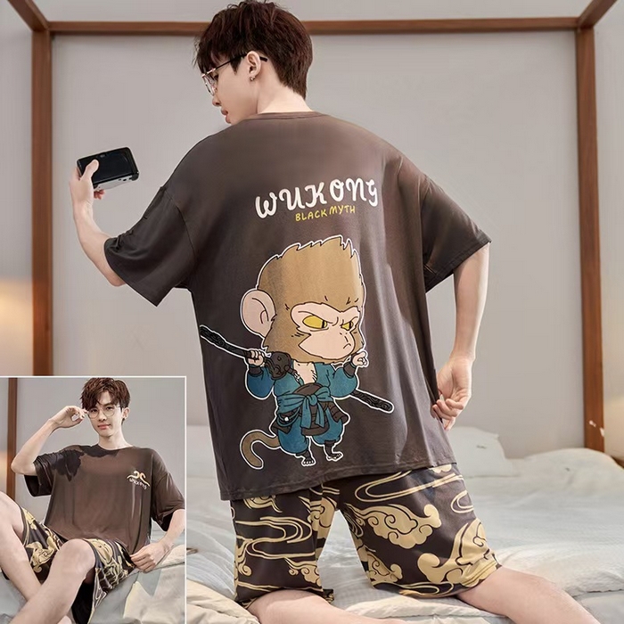 91家纺网 家纺一手货源 找家纺 （总）洛兰沙家居馆【只代发】【只代发】 2025新款莫代尔凉感柔软男士睡衣夏季薄款卡通动漫大男孩可外穿宽松男款家居服套装