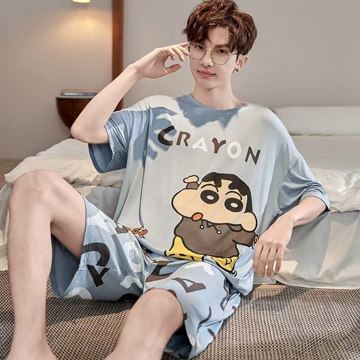 91家纺网 家纺一手货源 找家纺 （总）洛兰沙家居馆【只代发】【只代发】 2025新款莫代尔凉感柔软男士睡衣夏季薄款卡通动漫大男孩可外穿宽松男款家居服套装