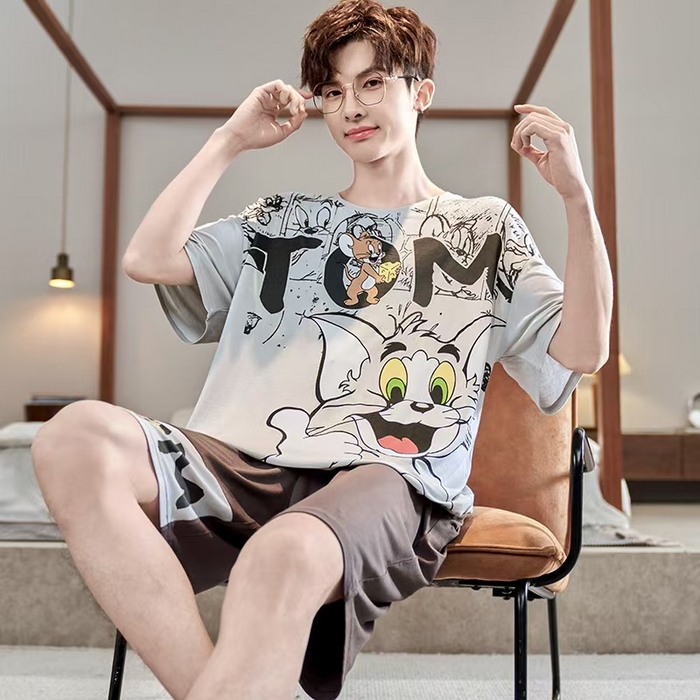 91家纺网 家纺一手货源 找家纺 （总）洛兰沙家居馆【只代发】【只代发】 2025新款莫代尔凉感柔软男士睡衣夏季薄款卡通动漫大男孩可外穿宽松男款家居服套装