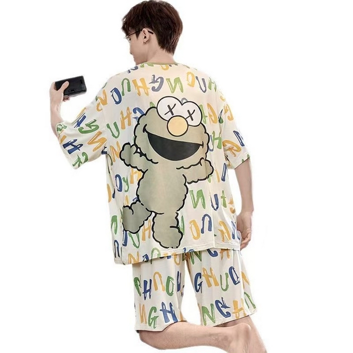 洛兰沙家居馆【只代发】【只代发】 2025新款莫代尔凉感柔软男士睡衣夏季薄款卡通动漫大男孩可外穿宽松男款家居服套装 ls1713