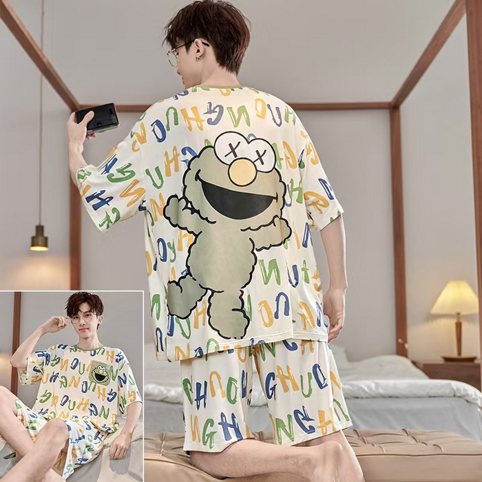 洛兰沙家居馆【只代发】【只代发】 2025新款莫代尔凉感柔软男士睡衣夏季薄款卡通动漫大男孩可外穿宽松男款家居服套装 ls1717