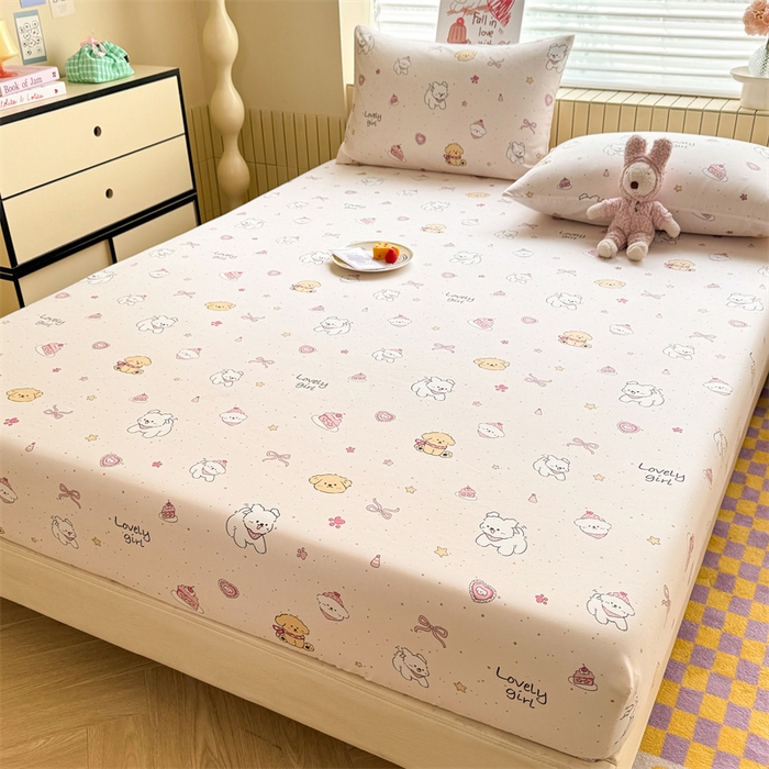 91家纺网 家纺一手货源 找家纺 多品家纺 2025春夏新款超柔云感水洗棉单床笠 床笠单件-大床图 蛋糕狗