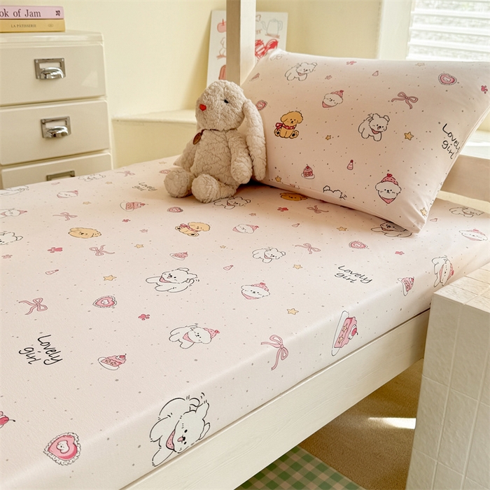 91家纺网 家纺一手货源 找家纺 多品家纺 2025春夏新款超柔云感水洗棉单床笠 床笠单件-学生宿舍床 蛋糕狗