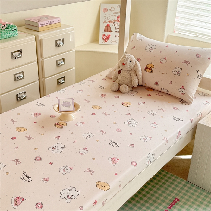 91家纺网 家纺一手货源 找家纺 多品家纺 2025春夏新款超柔云感水洗棉单床笠 床笠单件-学生宿舍床 蛋糕狗