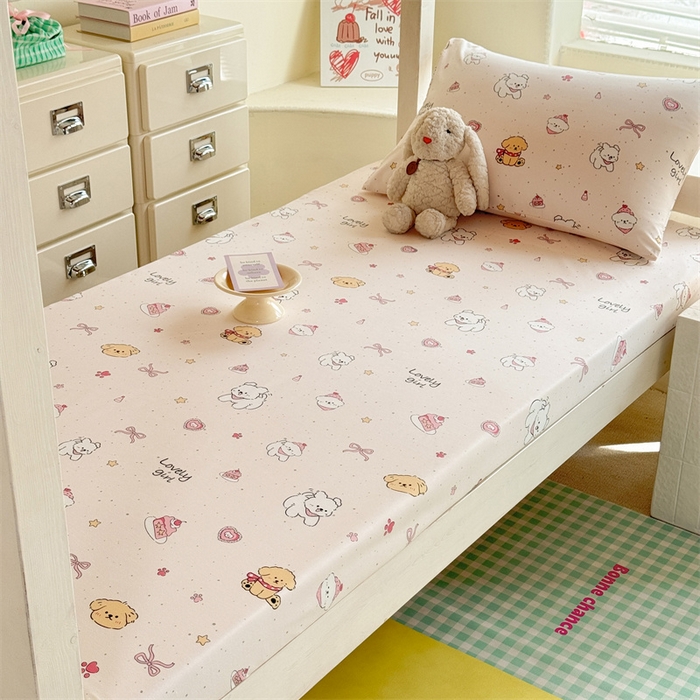 91家纺网 家纺一手货源 找家纺 多品家纺 2025春夏新款超柔云感水洗棉单床笠 床笠单件-学生宿舍床 蛋糕狗