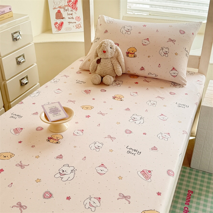 91家纺网 家纺一手货源 找家纺 多品家纺 2025春夏新款超柔云感水洗棉单床笠 床笠单件-学生宿舍床 蛋糕狗