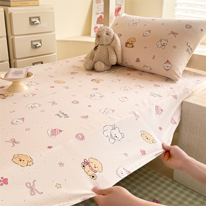 91家纺网 家纺一手货源 找家纺 多品家纺 2025春夏新款超柔云感水洗棉单床笠 床笠单件-学生宿舍床 蛋糕狗