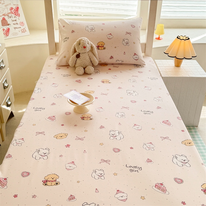 91家纺网 家纺一手货源 找家纺 多品家纺 2025春夏新款超柔云感水洗棉单床笠 床笠单件-学生宿舍床 蛋糕狗