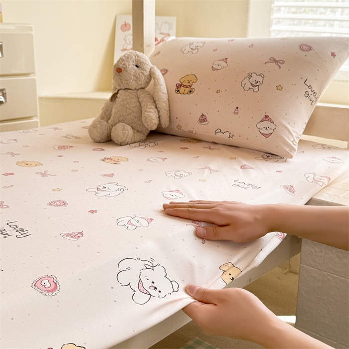 91家纺网 家纺一手货源 找家纺 多品家纺 2025春夏新款超柔云感水洗棉单床笠 床笠单件-学生宿舍床 蛋糕狗