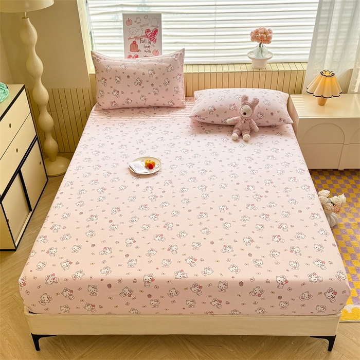 91家纺网 家纺一手货源 找家纺 多品家纺 2025春夏新款超柔云感水洗棉单床笠 床笠单件-大床图 猫咪团