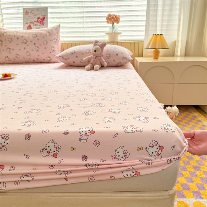 91家纺网 家纺一手货源 找家纺 多品家纺 2025春夏新款超柔云感水洗棉单床笠 床笠单件-大床图 猫咪团