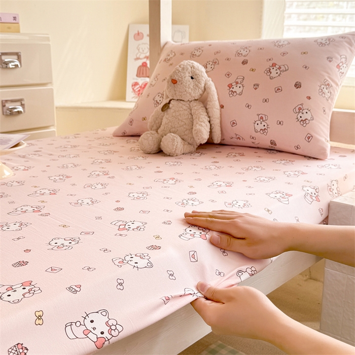 91家纺网 家纺一手货源 找家纺 多品家纺 2025春夏新款超柔云感水洗棉单床笠 床笠单件-学生宿舍床 猫咪团