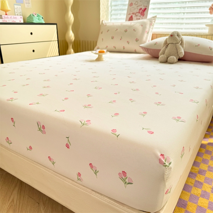 91家纺网 家纺一手货源 找家纺 多品家纺 2025春夏新款超柔云感水洗棉单床笠 床笠单件-大床图 朵朵郁金香