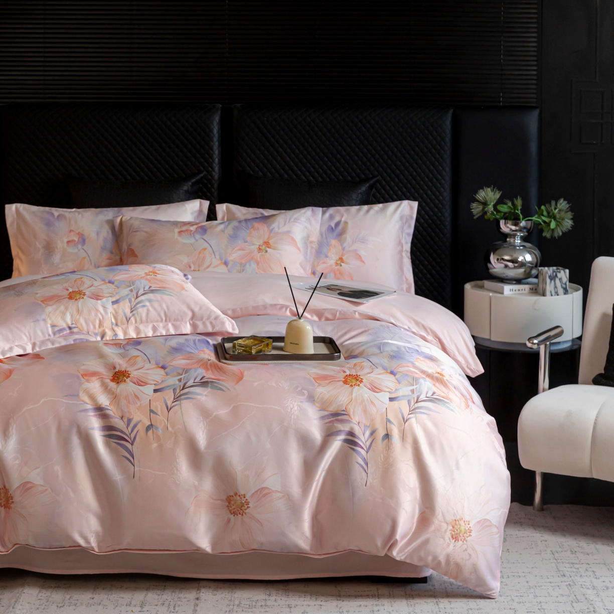 91家纺网 家纺一手货源 找家纺 莱欧纳家纺 2025新款轻奢提花印花四件套 花之韵