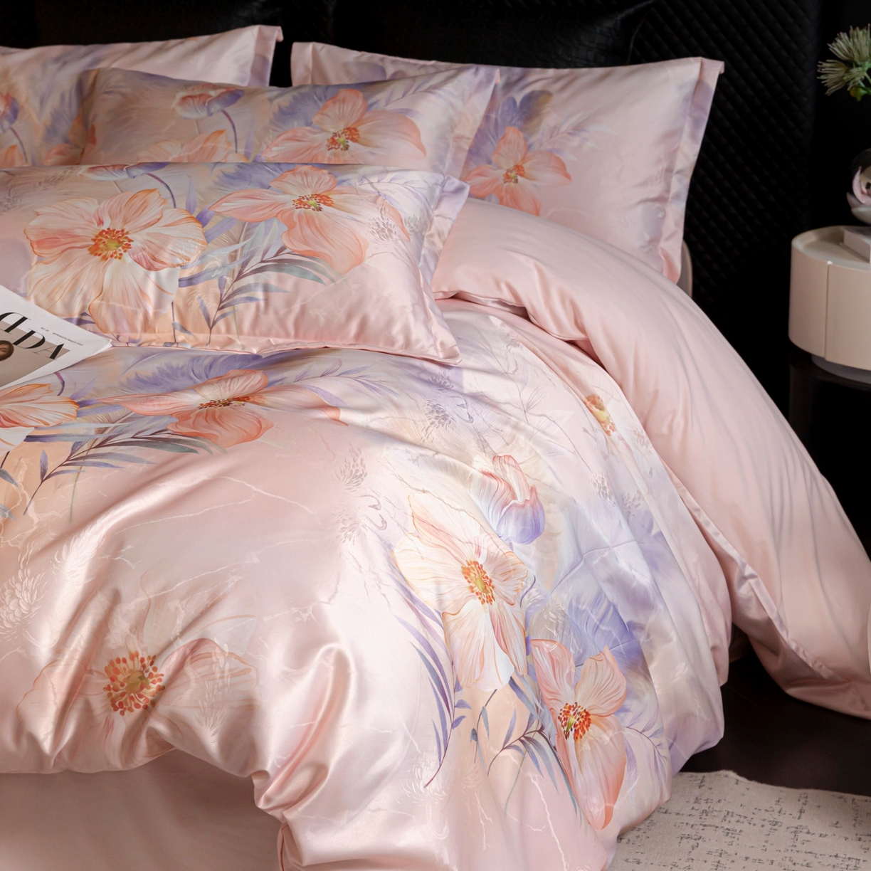 91家纺网 家纺一手货源 找家纺 莱欧纳家纺 2025新款轻奢提花印花四件套 花之韵