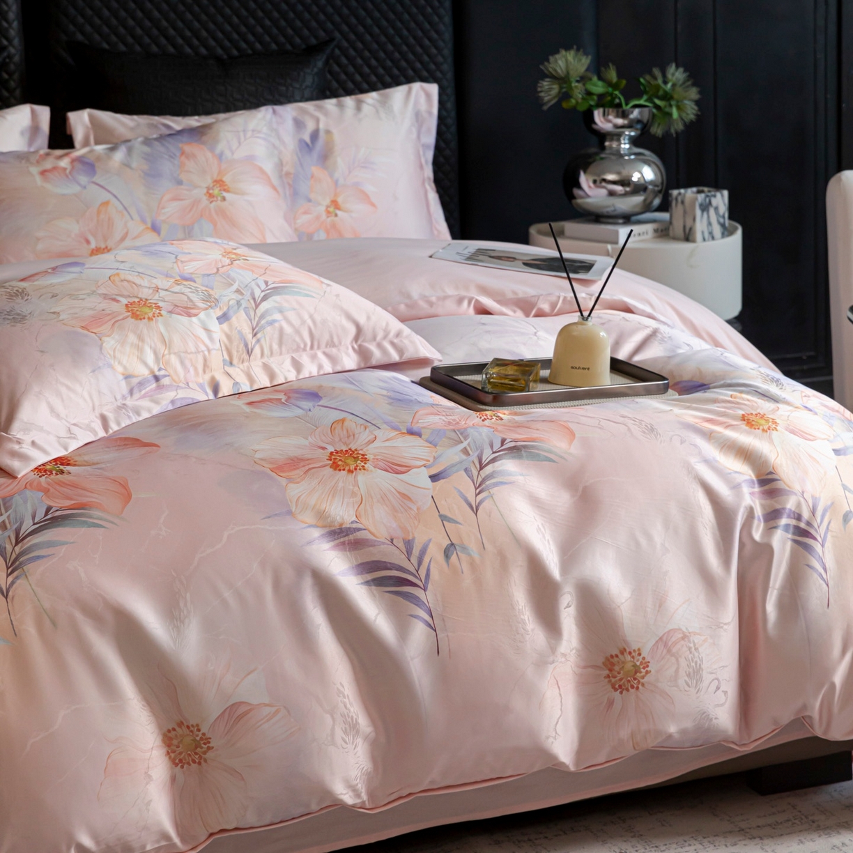 91家纺网 家纺一手货源 找家纺 莱欧纳家纺 2025新款轻奢提花印花四件套 花之韵