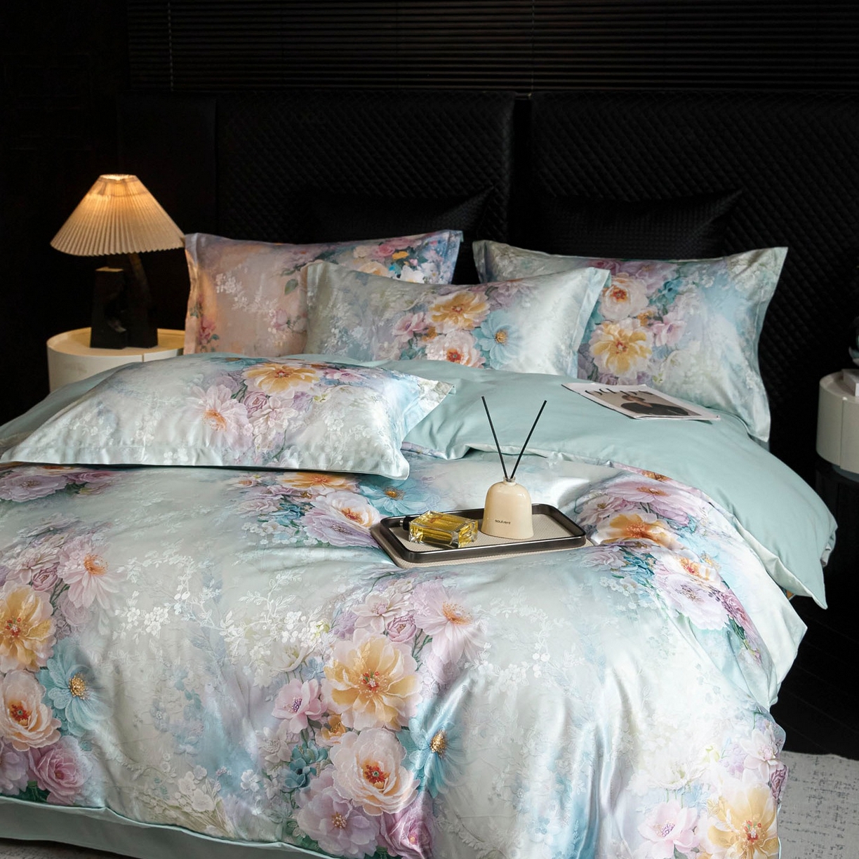 91家纺网 家纺一手货源 找家纺 莱欧纳家纺 2025新款轻奢提花印花四件套 初雪-果绿