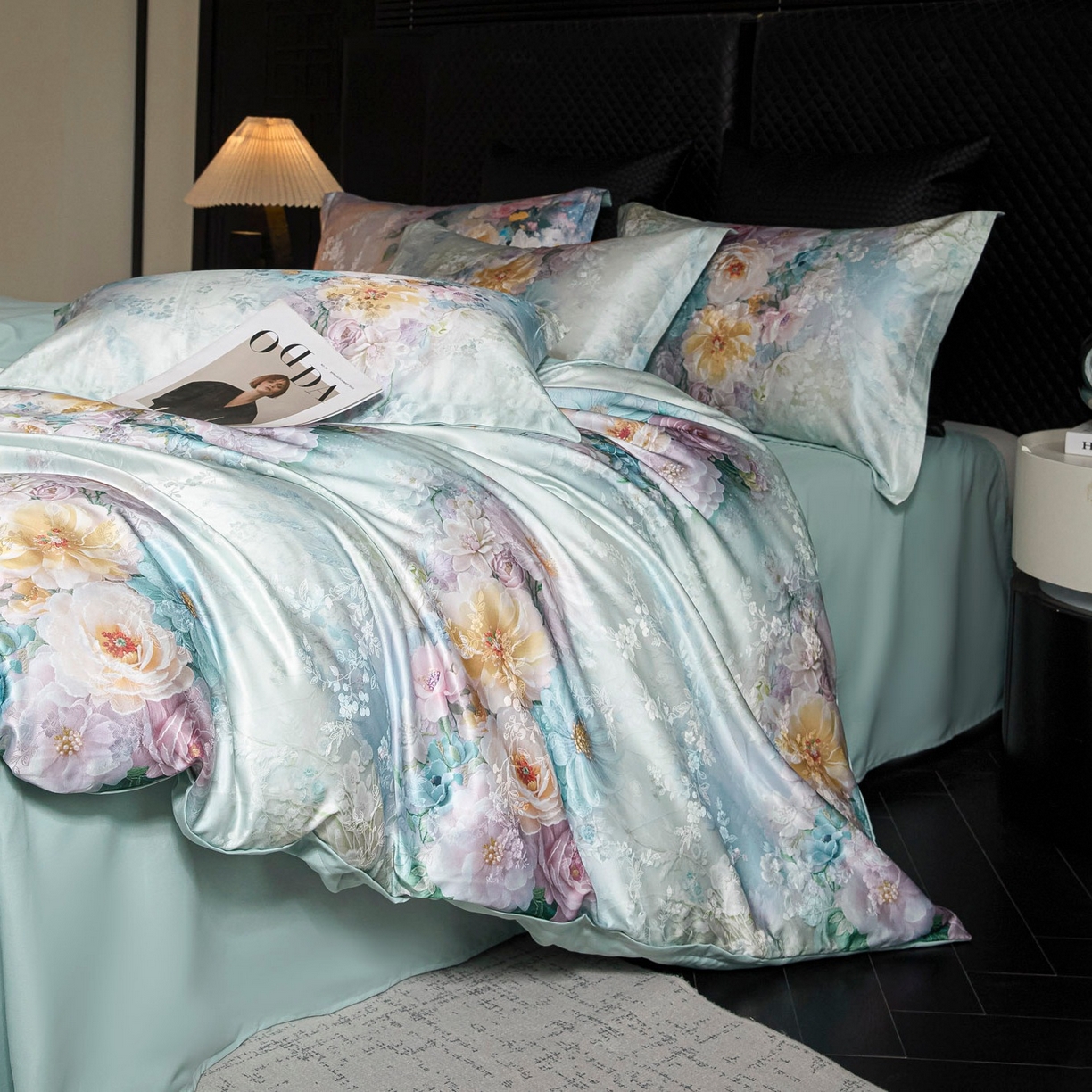 91家纺网 家纺一手货源 找家纺 莱欧纳家纺 2025新款轻奢提花印花四件套 初雪-果绿