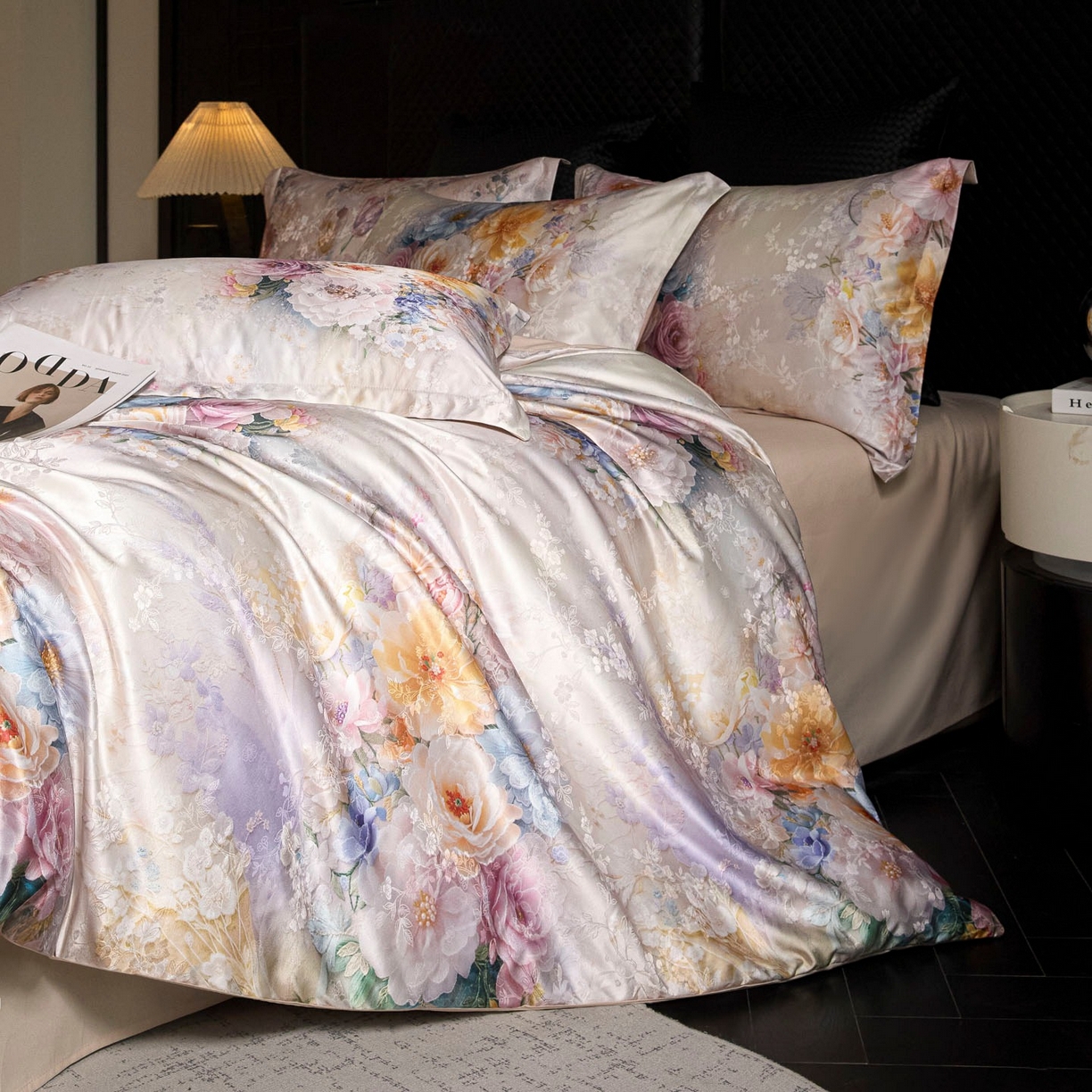 91家纺网 家纺一手货源 找家纺 莱欧纳家纺 2025新款轻奢提花印花四件套 初雪-米桔