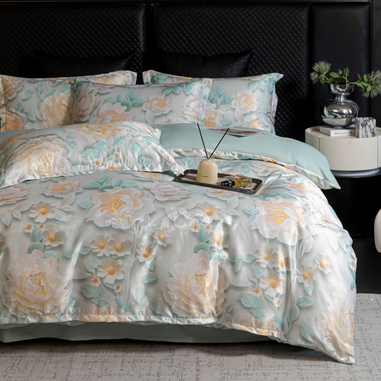 91家纺网 家纺一手货源 找家纺 莱欧纳家纺 2025新款轻奢提花印花四件套 春日颂