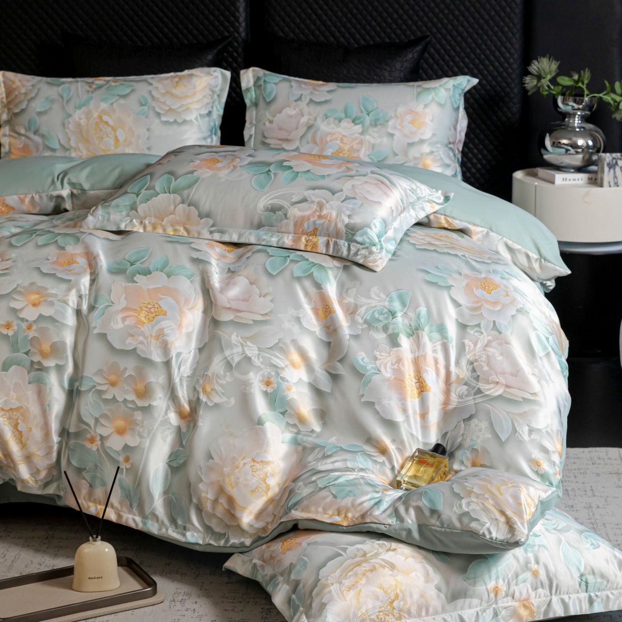 91家纺网 家纺一手货源 找家纺 莱欧纳家纺 2025新款轻奢提花印花四件套 春日颂