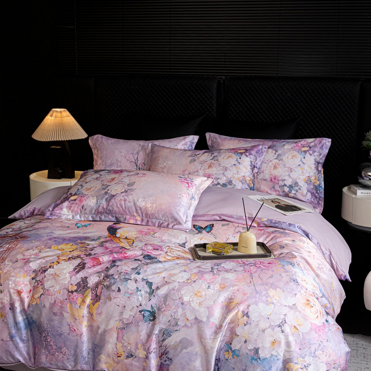 91家纺网 家纺一手货源 找家纺 莱欧纳家纺 2025新款轻奢提花印花四件套 花伊梦-紫