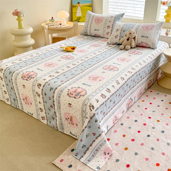 91家纺网 家纺一手货源 找家纺 多品家纺 2025春夏新款超柔水洗棉单床单 床单单件 兔兔庄园