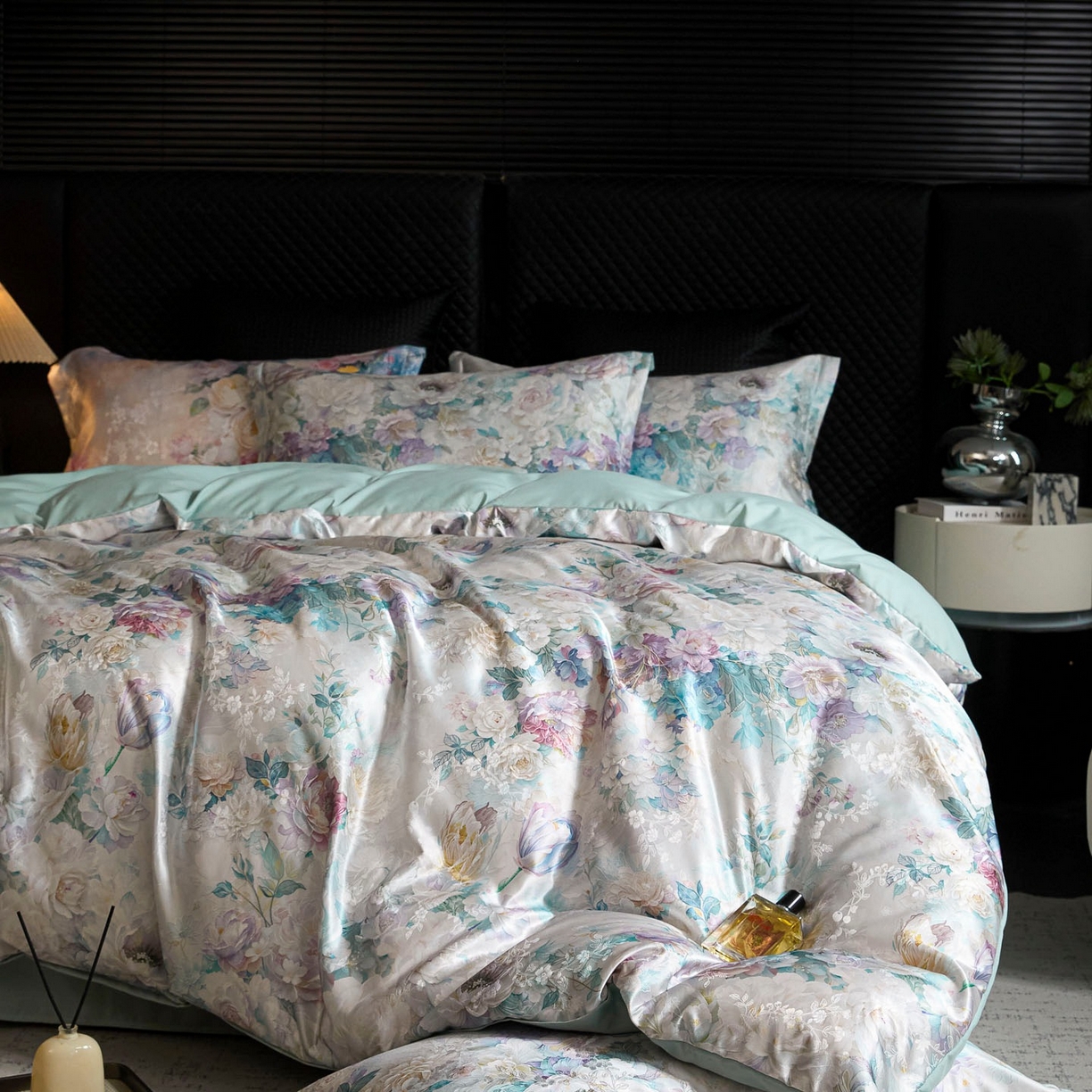 91家纺网 家纺一手货源 找家纺 莱欧纳家纺 2025新款轻奢提花印花四件套 梦澜-青