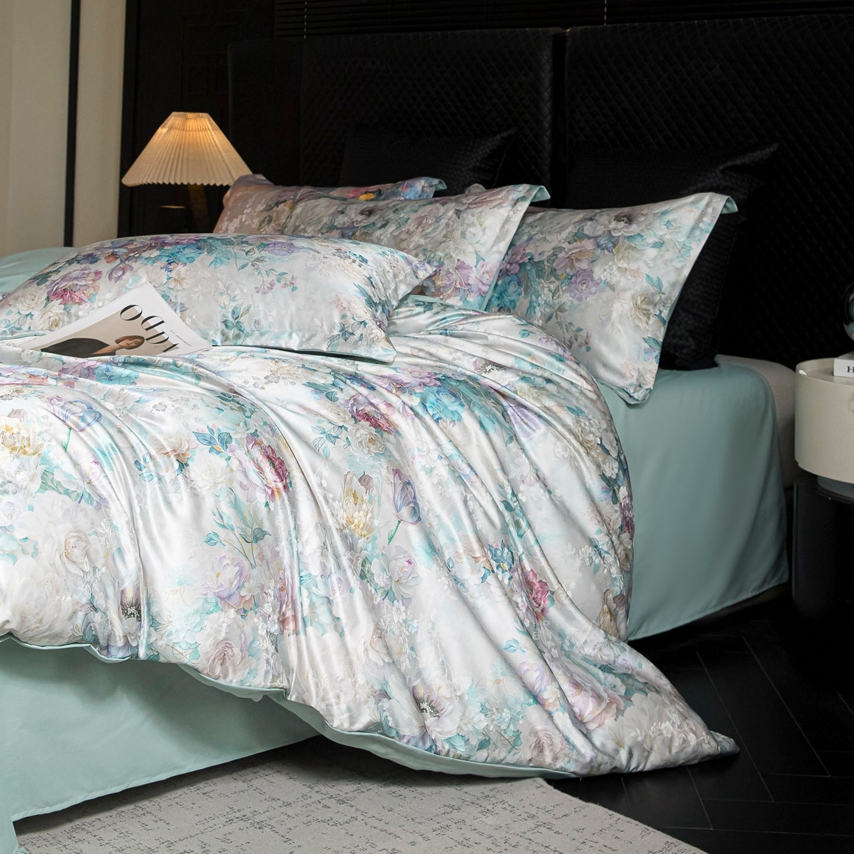 91家纺网 家纺一手货源 找家纺 莱欧纳家纺 2025新款轻奢提花印花四件套 梦澜-青