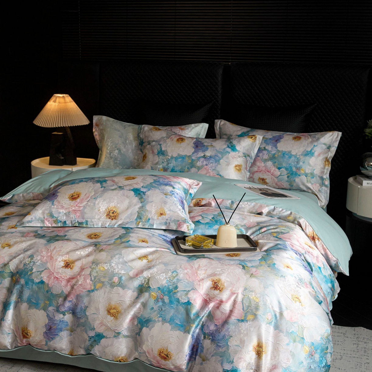 91家纺网 家纺一手货源 找家纺 莱欧纳家纺 2025新款轻奢提花印花四件套 念秋-绿