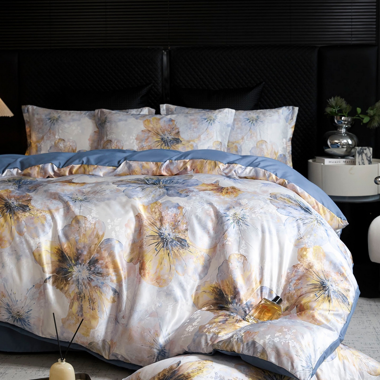 91家纺网 家纺一手货源 找家纺 莱欧纳家纺 2025新款轻奢提花印花四件套 印象-蓝灰